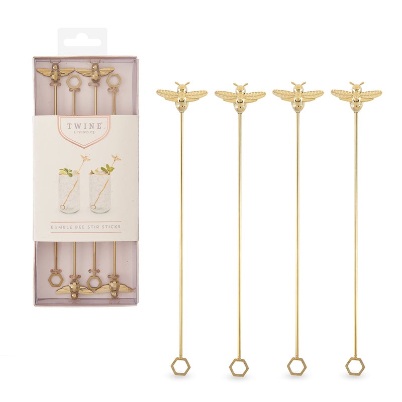 Twine Bee Stir Sticks, Gold Bumble Bee Swizzle Sticks, Stainless Steel Drink Stirrers, Gold Plated Cocktail Accessories, Highly Detailed, Set of 4 - Image 1